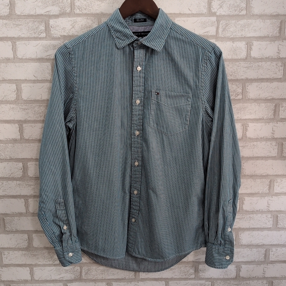 Y2K Tommy Hilfiger Shirt Men’s Blue White Stripe Casual 80s STYLE 2 Ply VTG